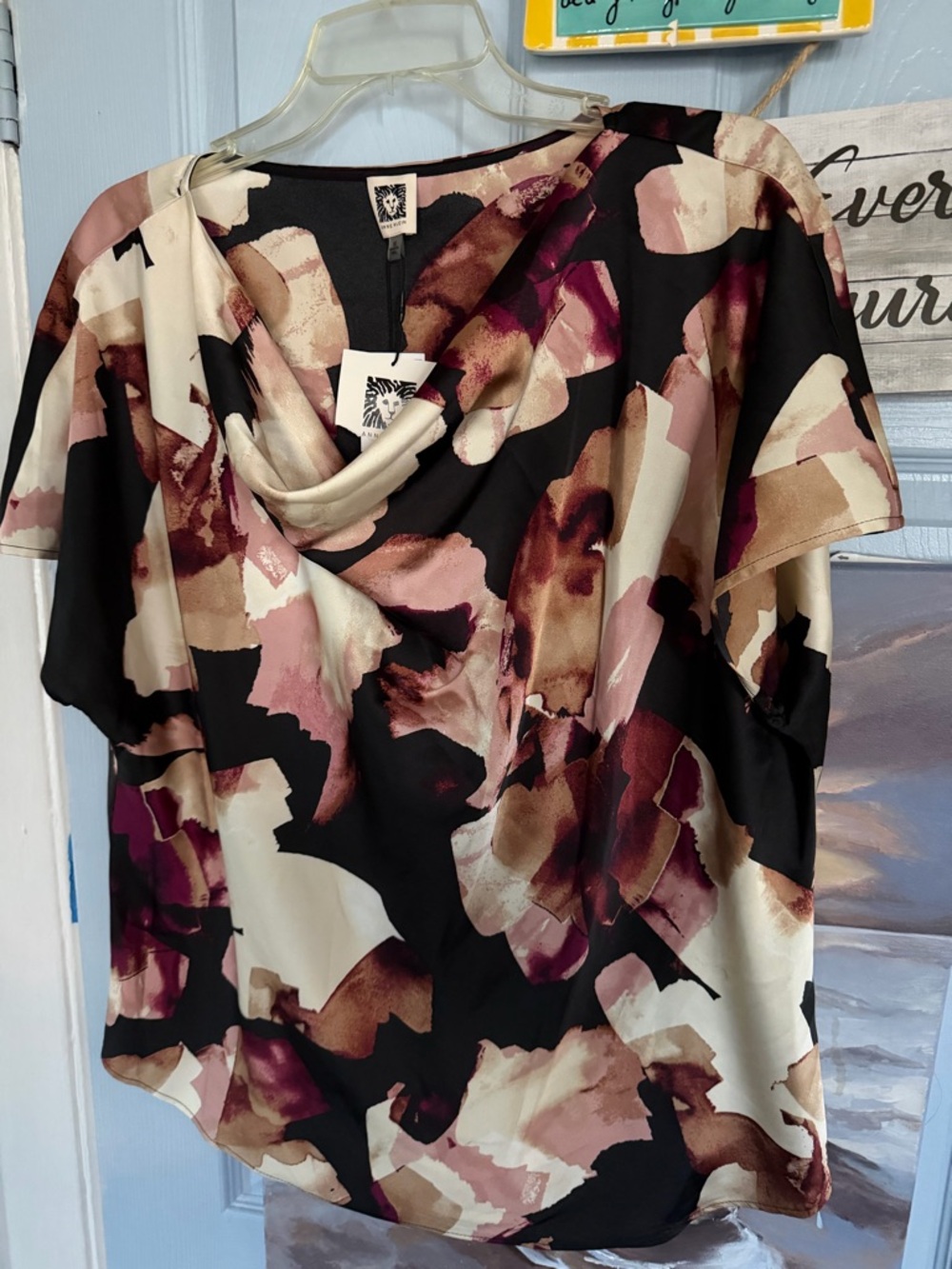 Satin Drape Neck Floral Print Top - Black & Pink